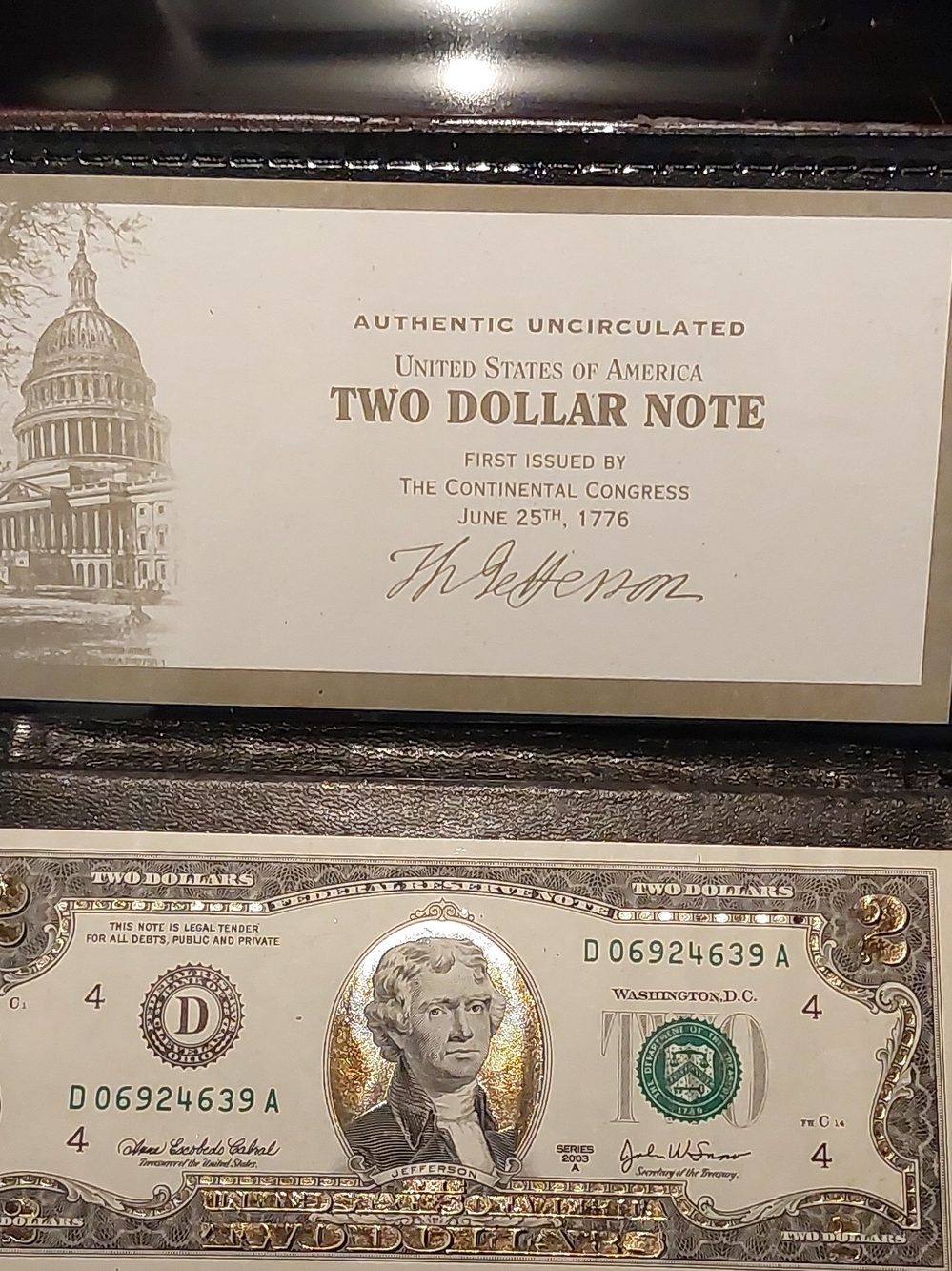 United States Two Dollar Note Display - Jefferson Portrait